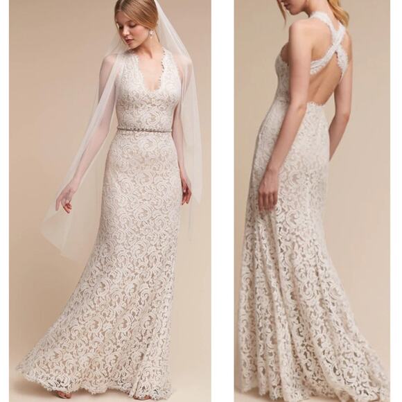 NWT BHLDN TADASHI SHOJI WEDDING DRESS GOWN LACE CHEYENNE IVORY WHITE BOHO CHIC - Picture 1 of 16